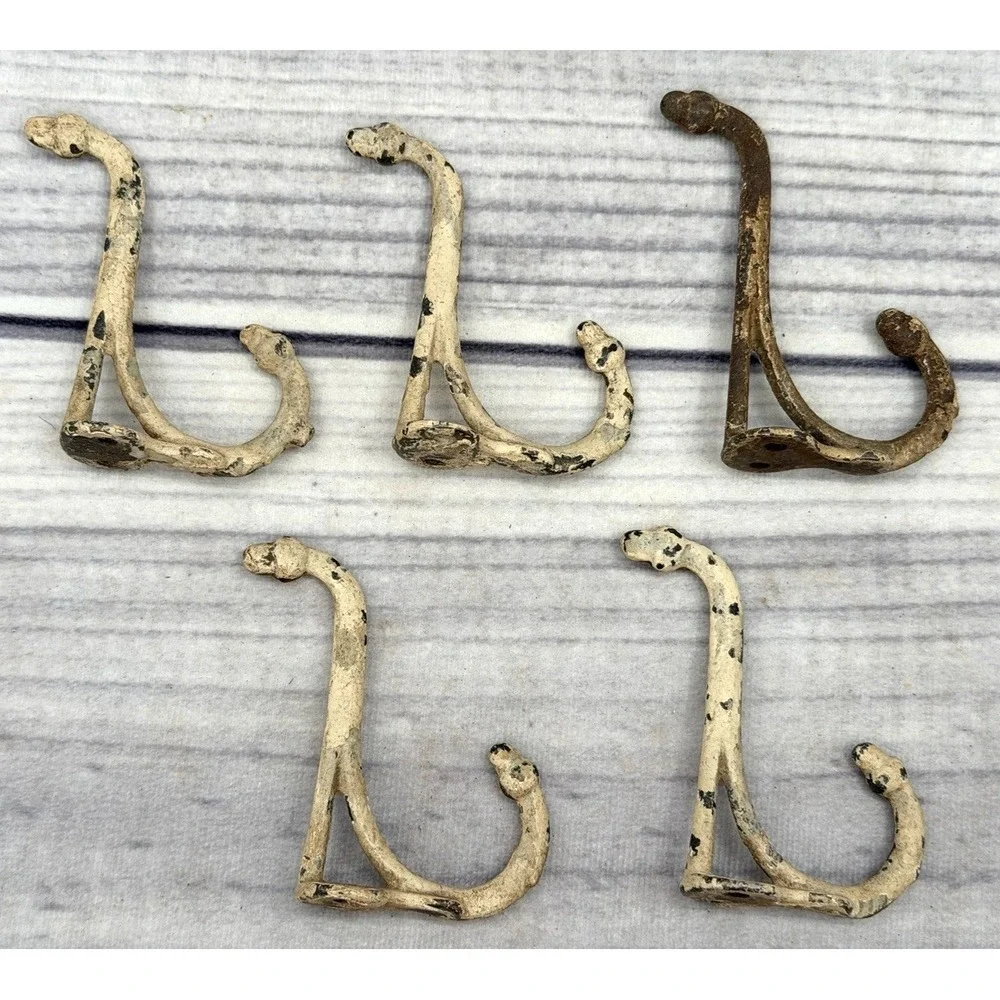 LOT OF 5 ANTIQUE SALVAGED CAST IRON DOUBLE COAT / HAT HOOKS